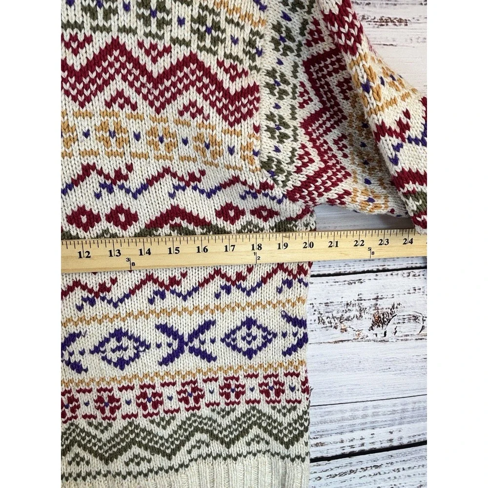 Vintage 90s Fair Isle Cotton/Wool Sweater Cream Multicolor Deep V-Neck Apres Ski